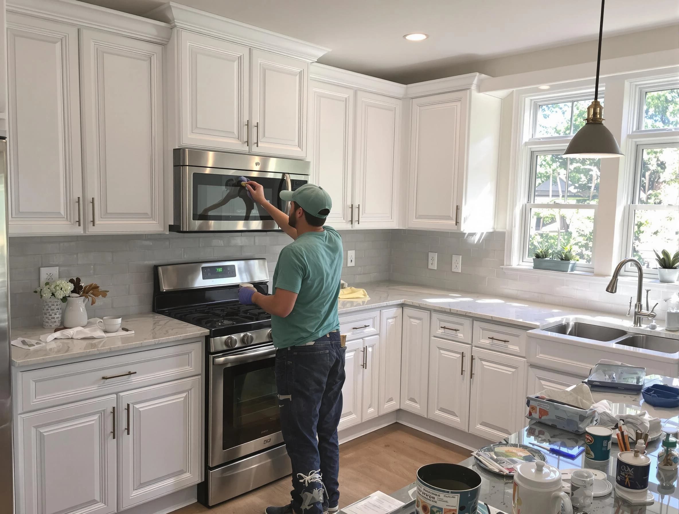 Kitchen cabinets being refinished by Medina House Painters in Medina, OH