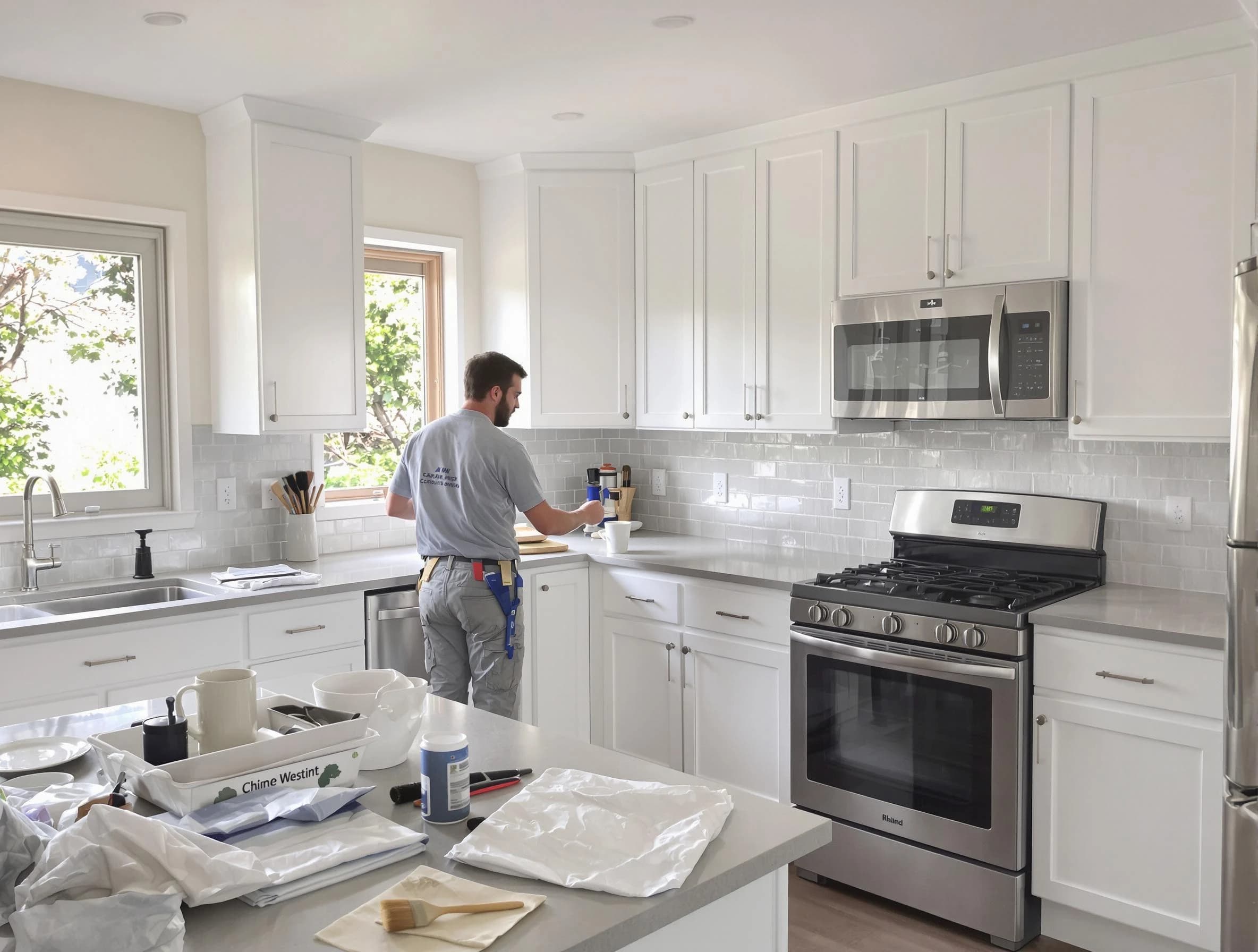 Medina House Painters applying fresh paint on kitchen cabinets in Medina