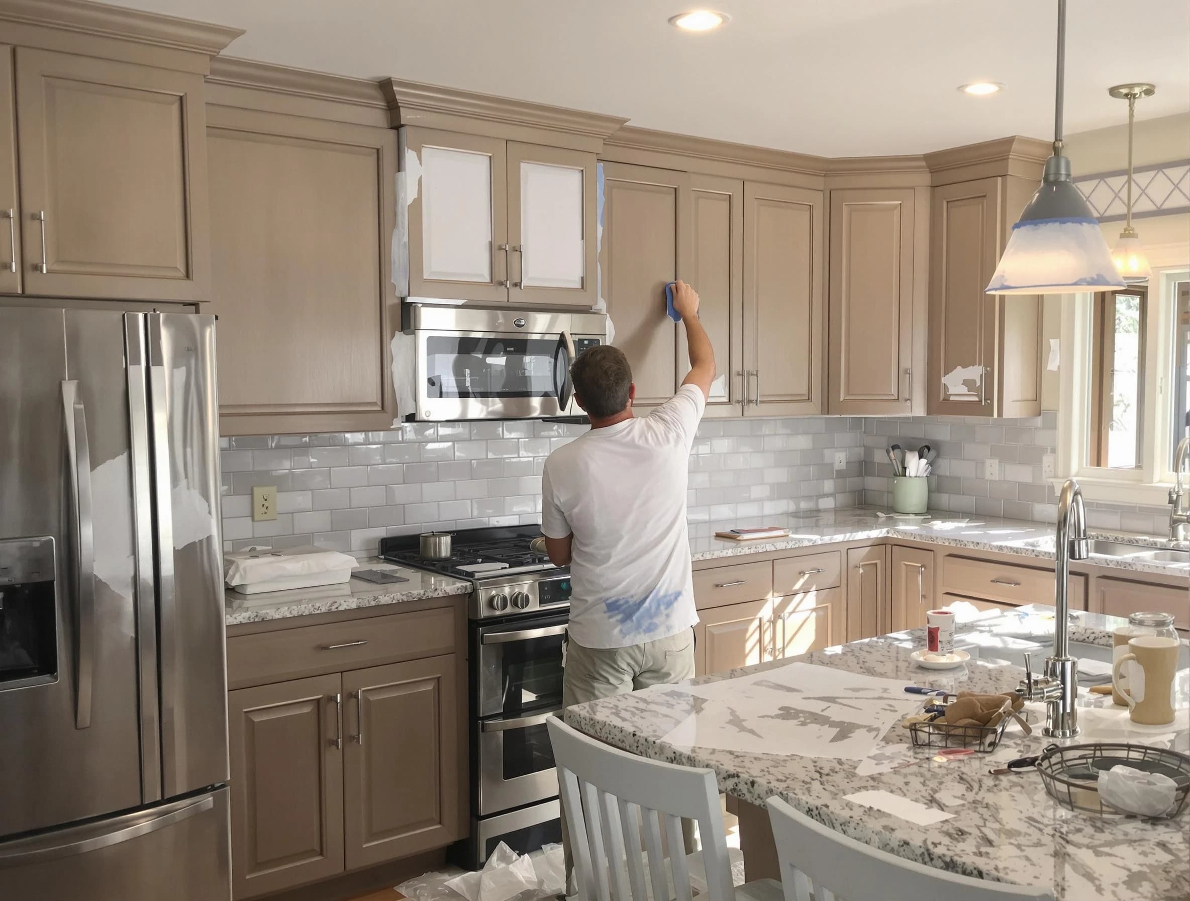 Before-and-after view of kitchen painting by Medina House Painters in Medina